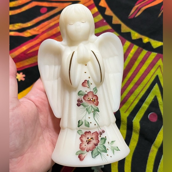 Fenton Other - Fenton Signed Hand-painted Ivory White Satin Glass 6” Praying Angel Figurine